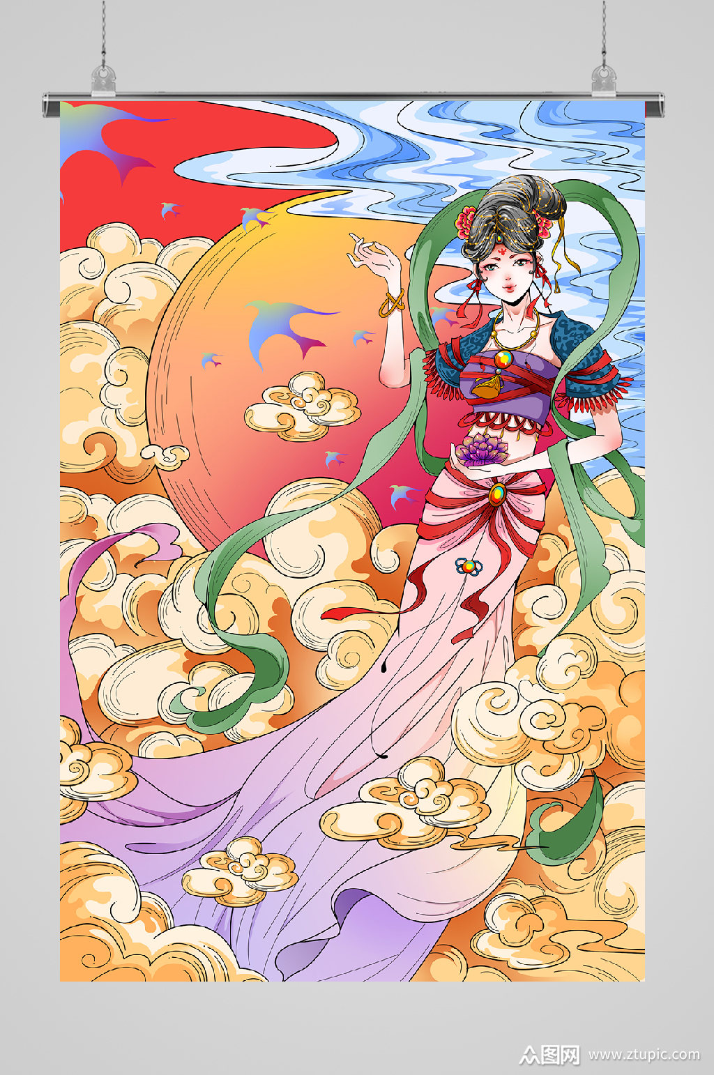 嫦娥飞天插画五彩