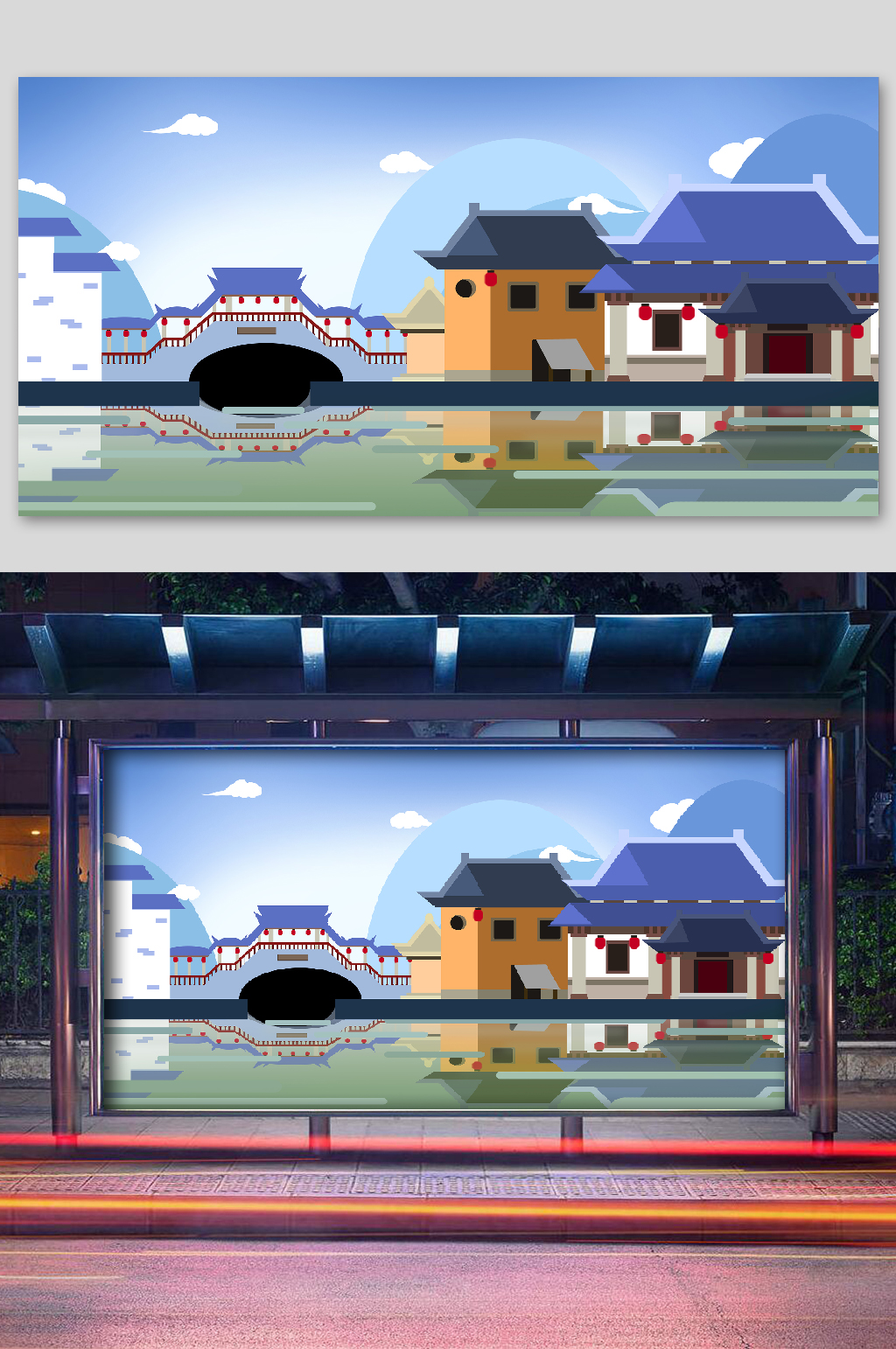 高端古风建筑插画倒影素材