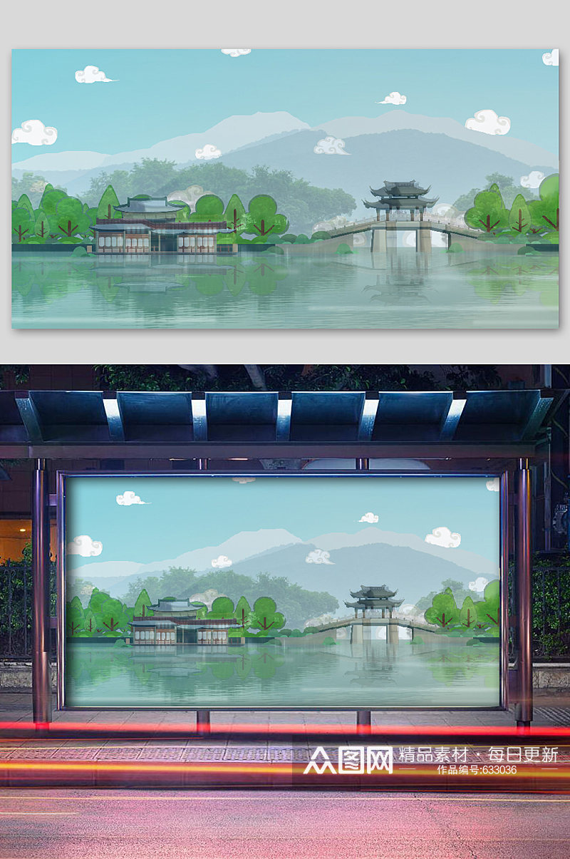 高端古风建筑插画西湖断桥素材