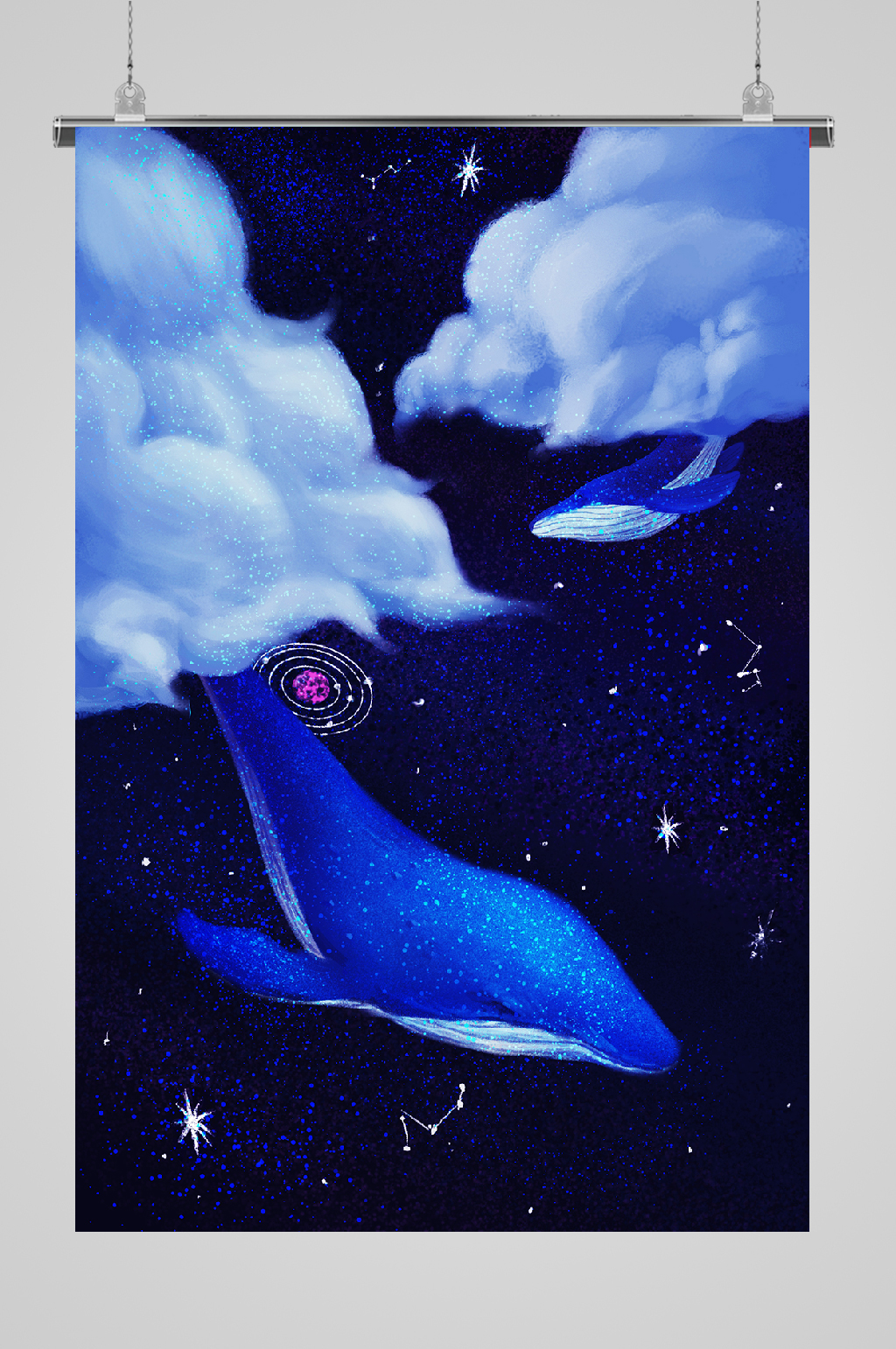 唯美清新鲸鱼插画流星素材