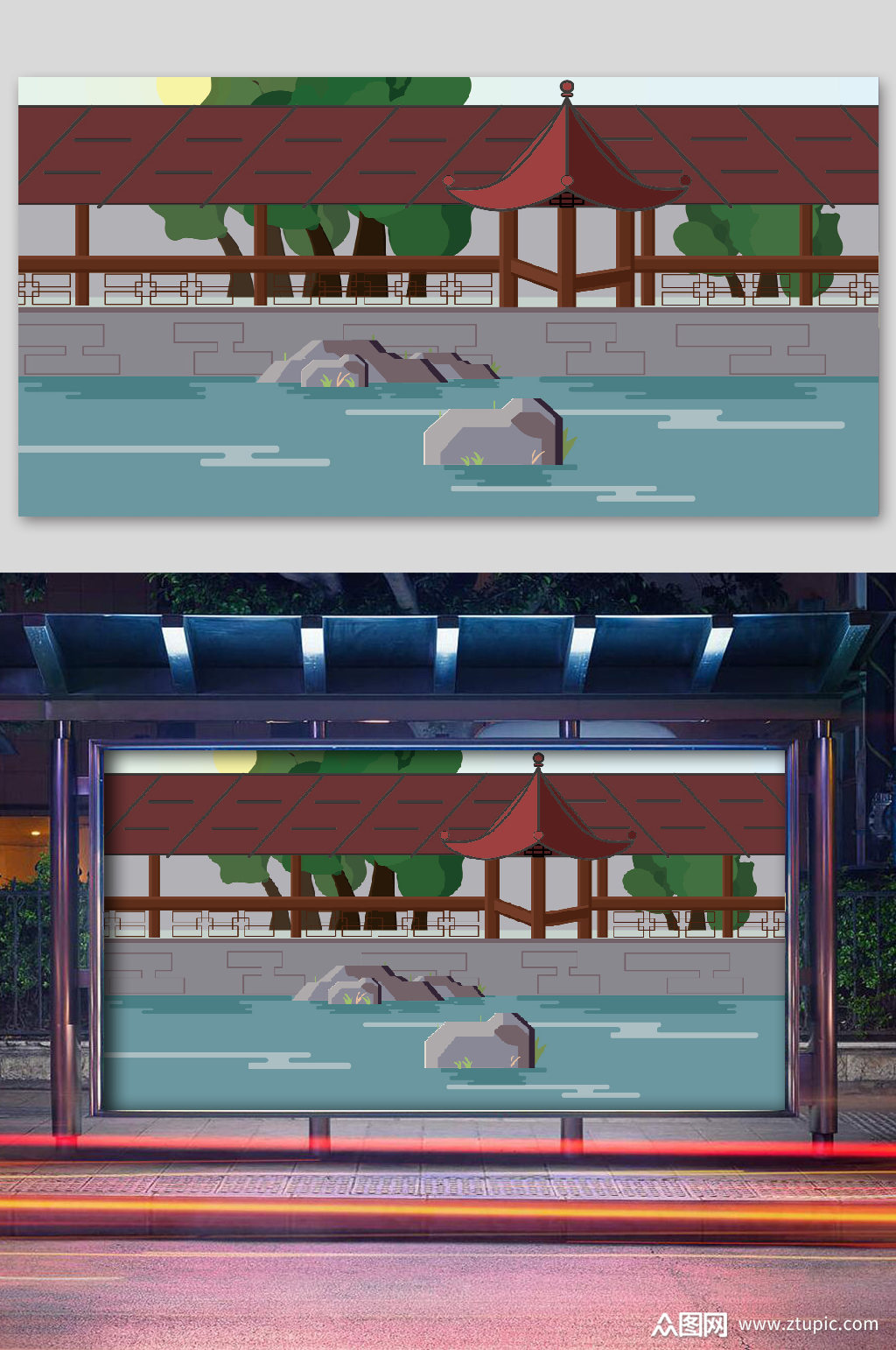 矢量古风建筑插画江畔廊道