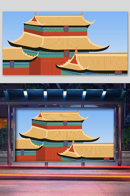 矢量古风建筑插画双层宫墙