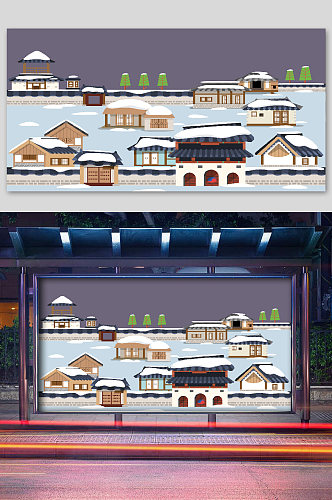 复古建筑文化插画雪地村庄