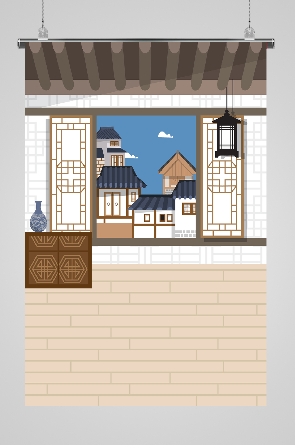 复古建筑文化插画窗外的风景素材