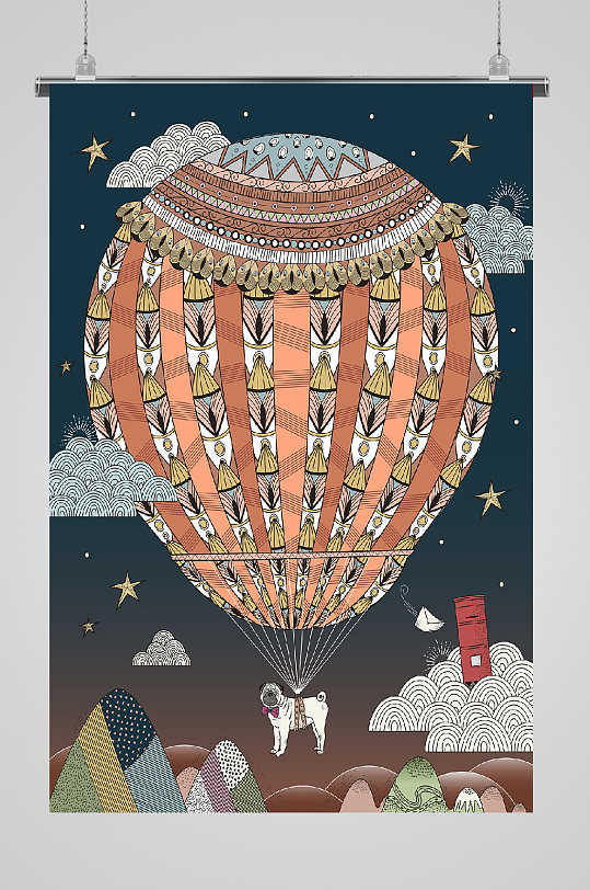 个性动物热气球清新插画