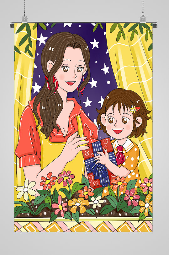 妈妈与鲜花高端母亲节宣传插画