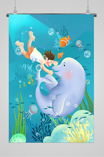 海底世界女孩与海豚可爱插画
