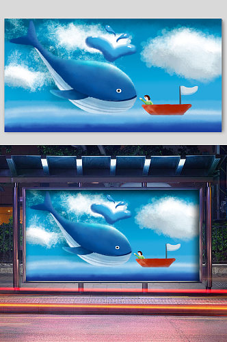 鲸鱼和小船可爱插画