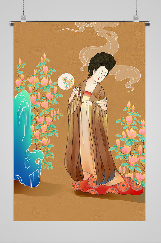 温婉山水古代文化仕女图插画