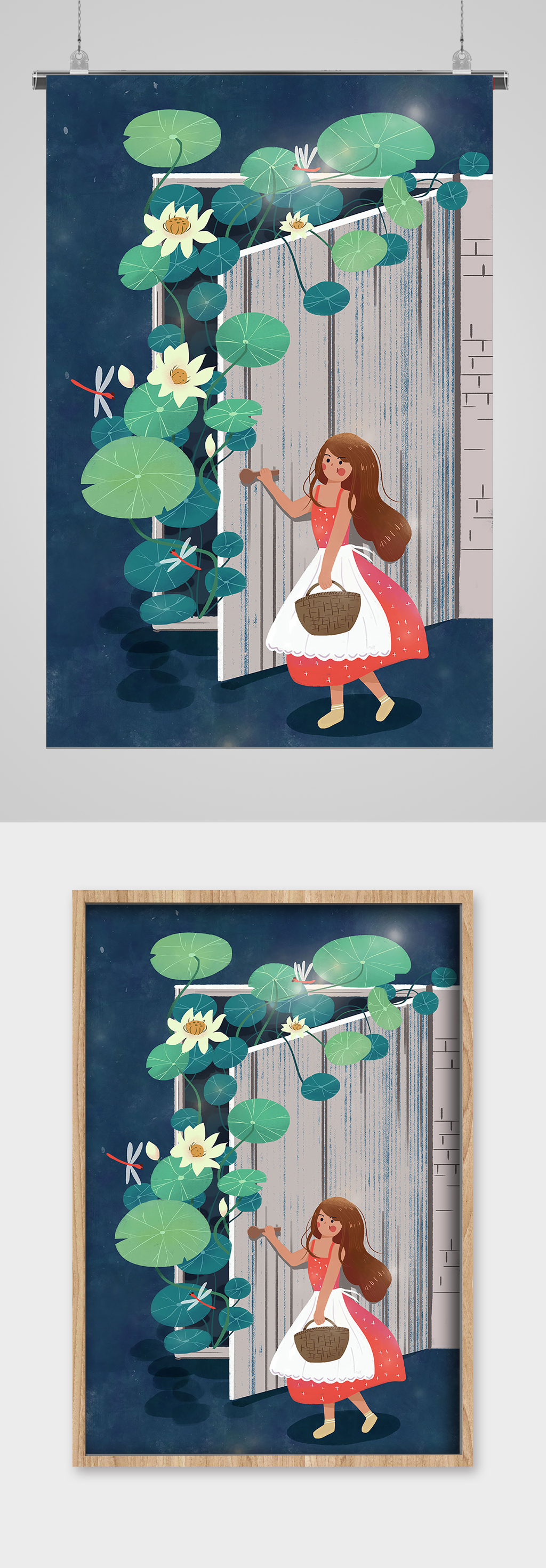 荷塘美景与女孩夏至插画素材