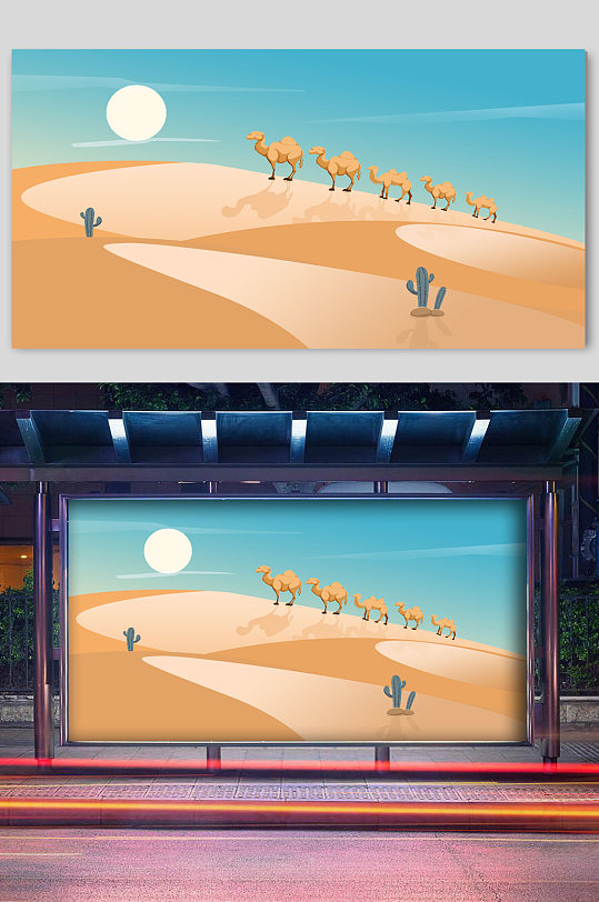 沙漠骆驼美景宣传插画