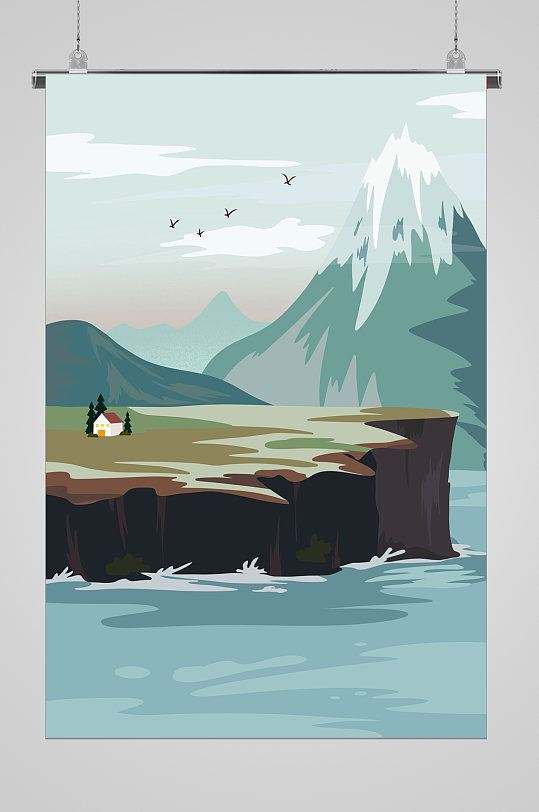 悬崖人家山水美景宣传插画