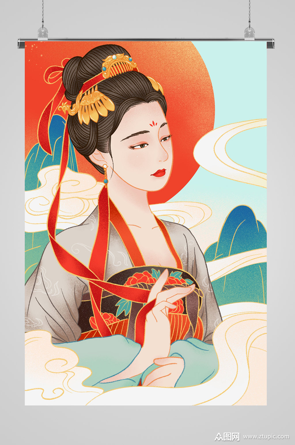 国潮山水古风人物祥云素材