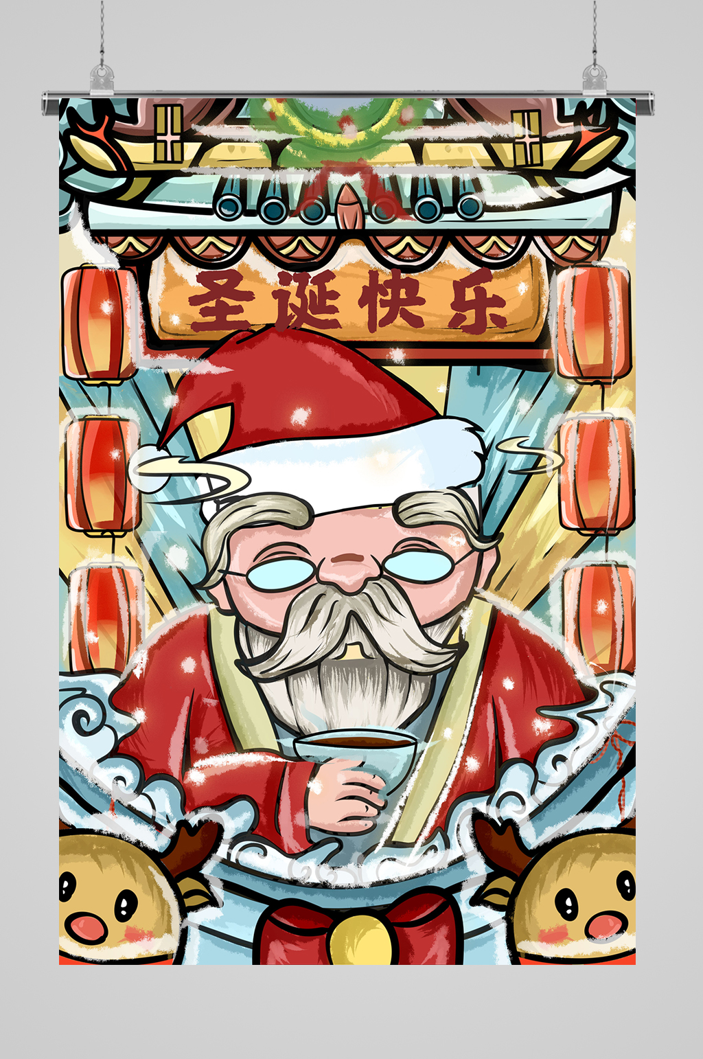 国潮木刻板画风圣诞老人素材