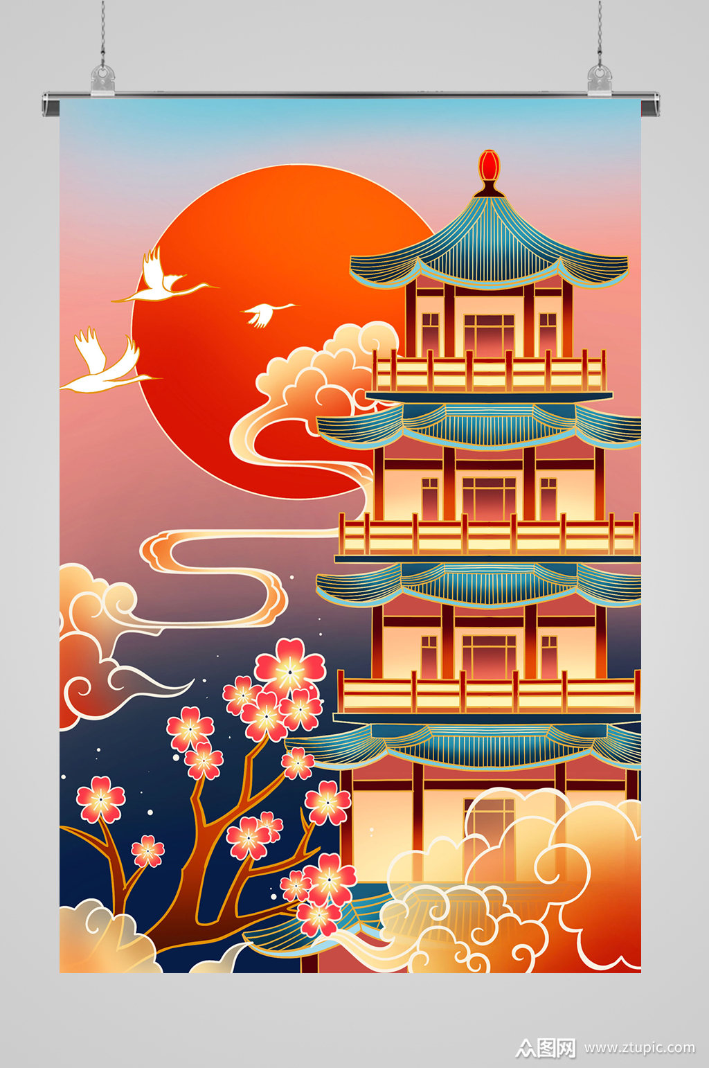 国潮中国风建筑塔祥云纹