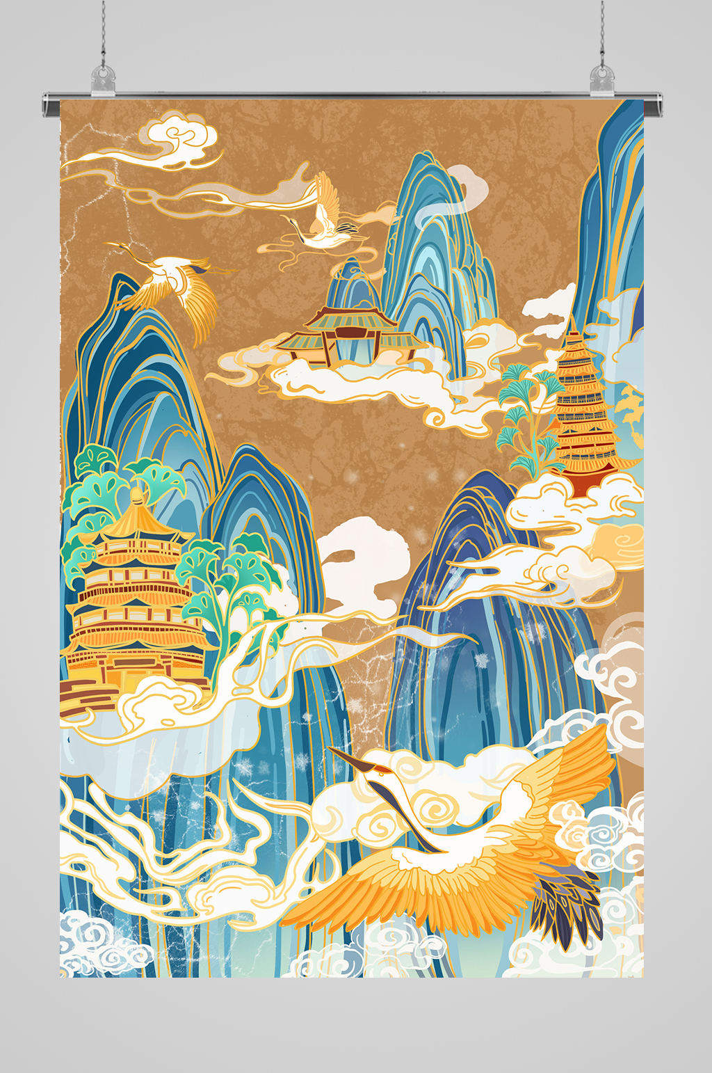 国潮敦煌仙鹤仙山云纹插画素材