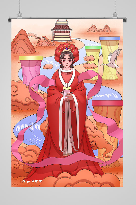 国潮国风美女喝奶茶插画