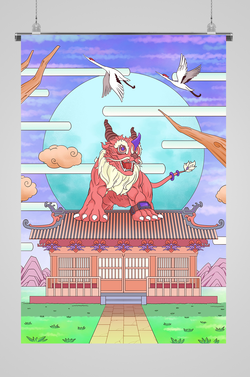 国潮镇宅神兽貔貅仙鹤插画素材