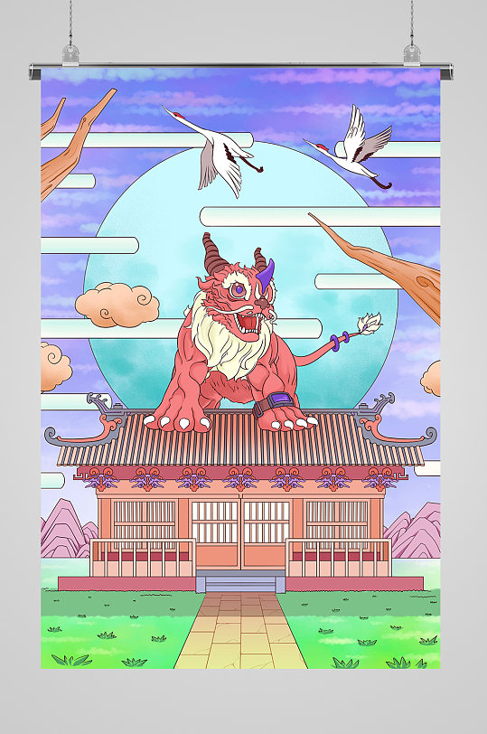 国潮镇宅神兽貔貅仙鹤插画