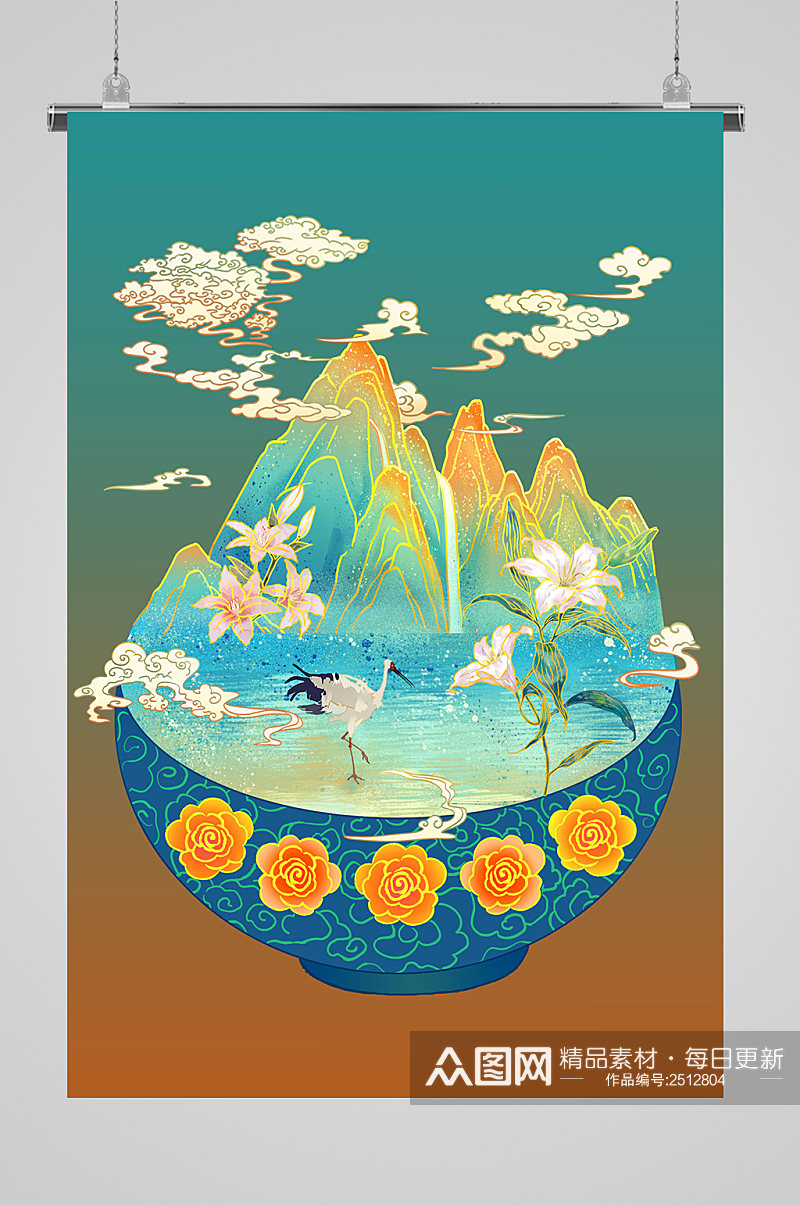 白鹤漫步水畔中国风插画素材