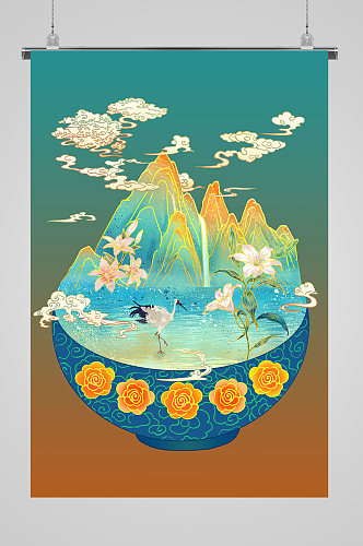 白鹤漫步水畔中国风插画