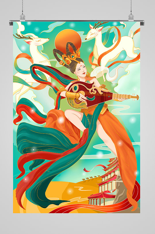 国潮敦煌飞天弹琵琶手绘插画