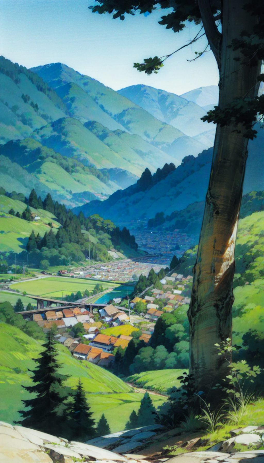 AI数字艺术村庄山河树木水彩画插画素材