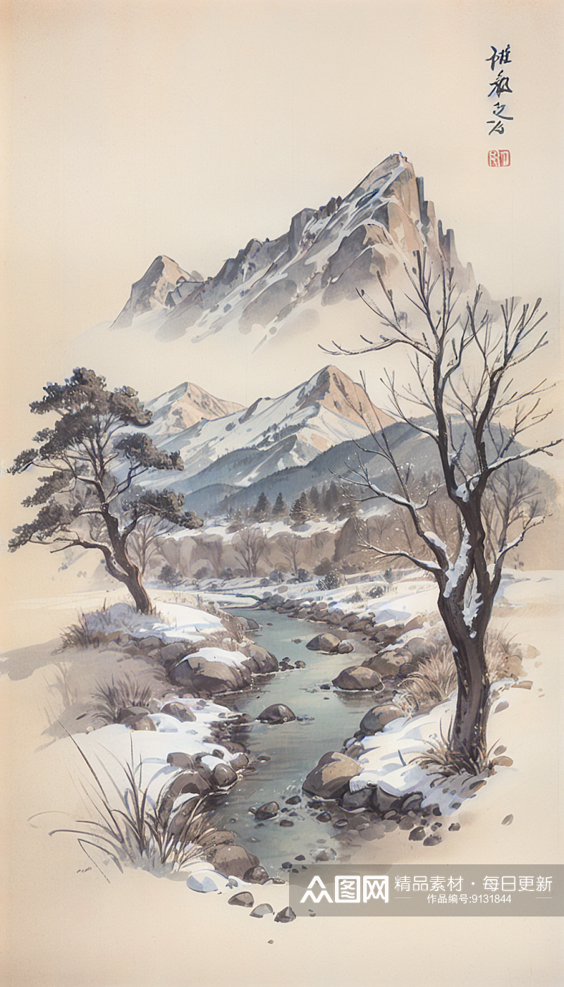 AI数字艺术冬季雪景场景水墨画素材