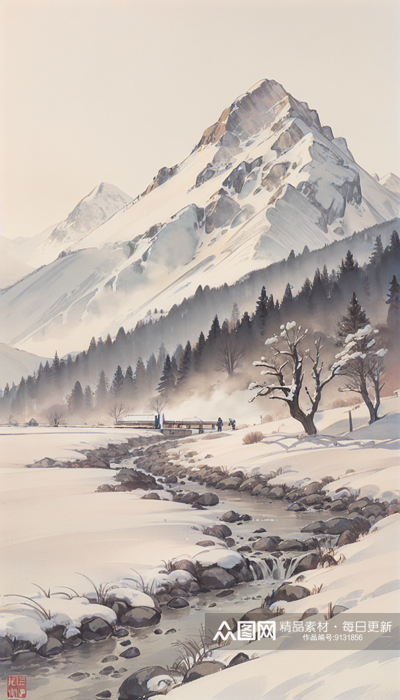AI数字艺术冬季雪景场景水墨画素材