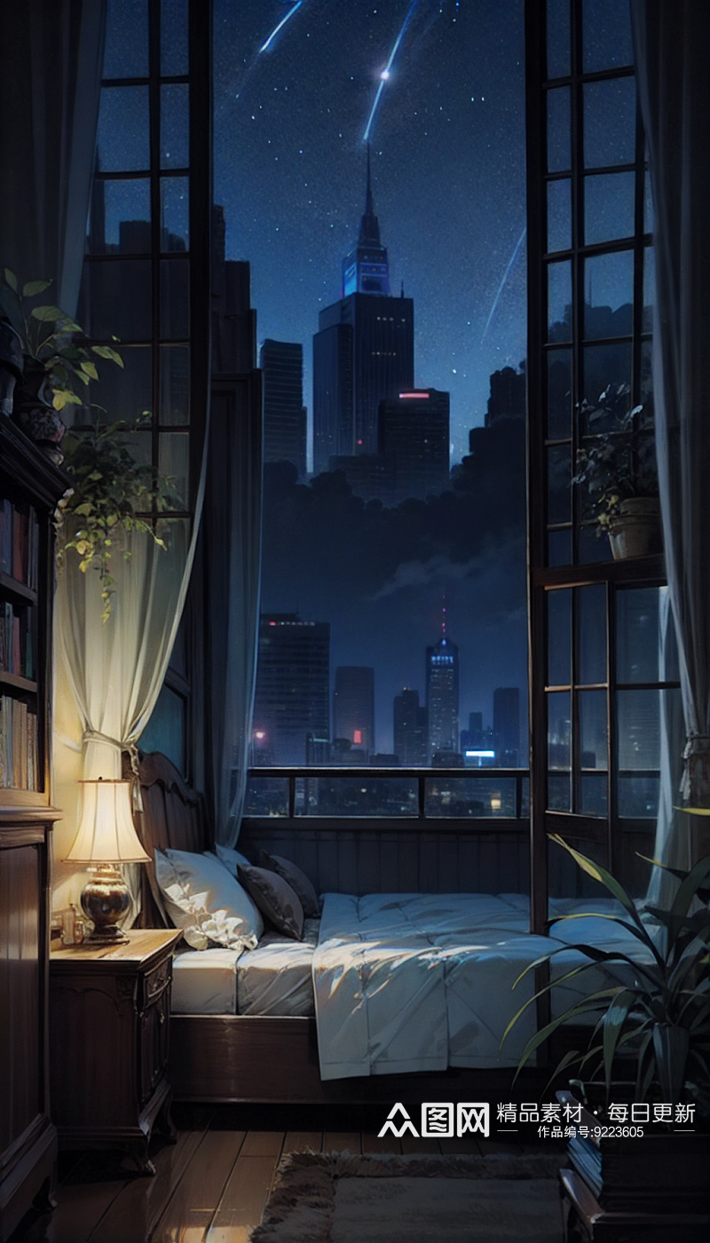 AI数字艺术城市夜景星空卧室插图素材
