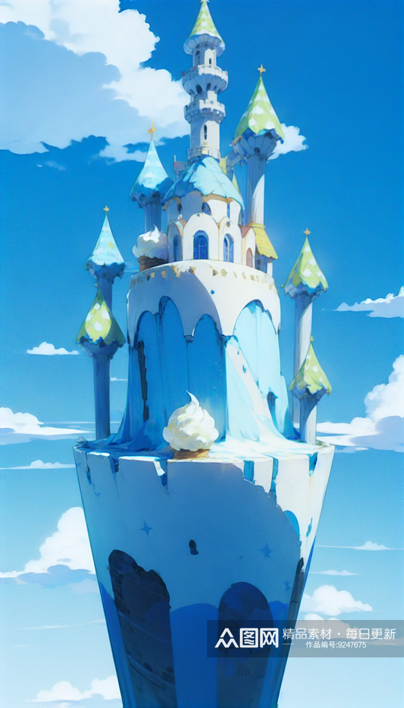 AI数字艺术蓝色冰淇淋卡通城堡插画素材