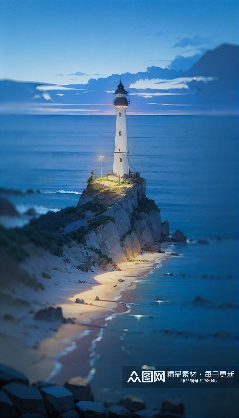 AI数字艺术海边夜晚灯塔场景插图素材