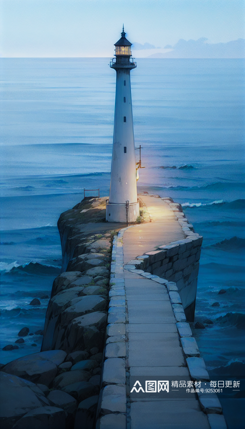 AI数字艺术海边夜晚灯塔场景插图素材