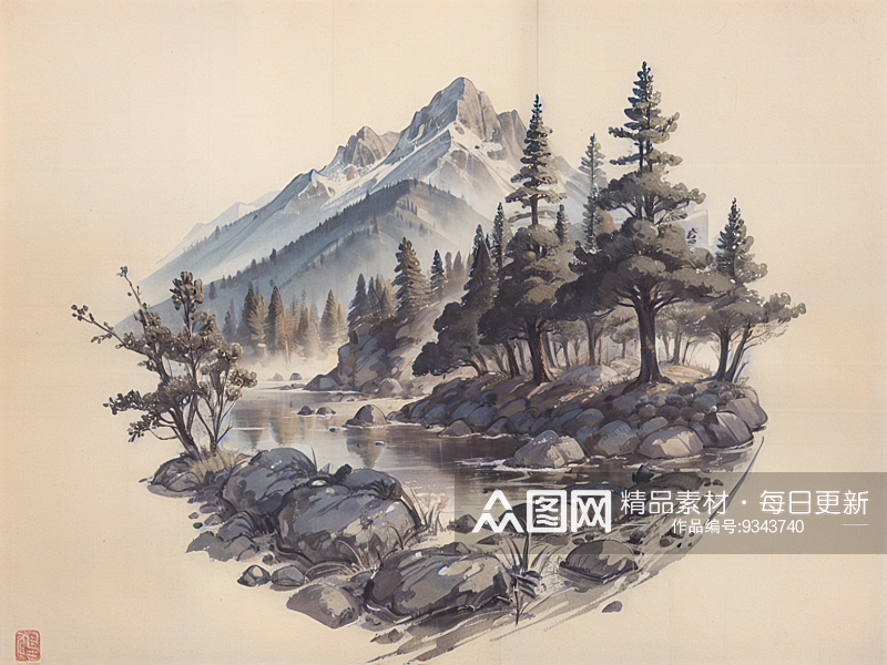 AI数字艺术国潮青山绿水场景水墨插画素材