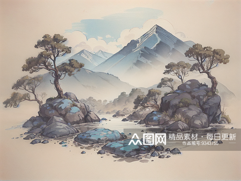 AI数字艺术国潮青山绿水场景水墨插画素材