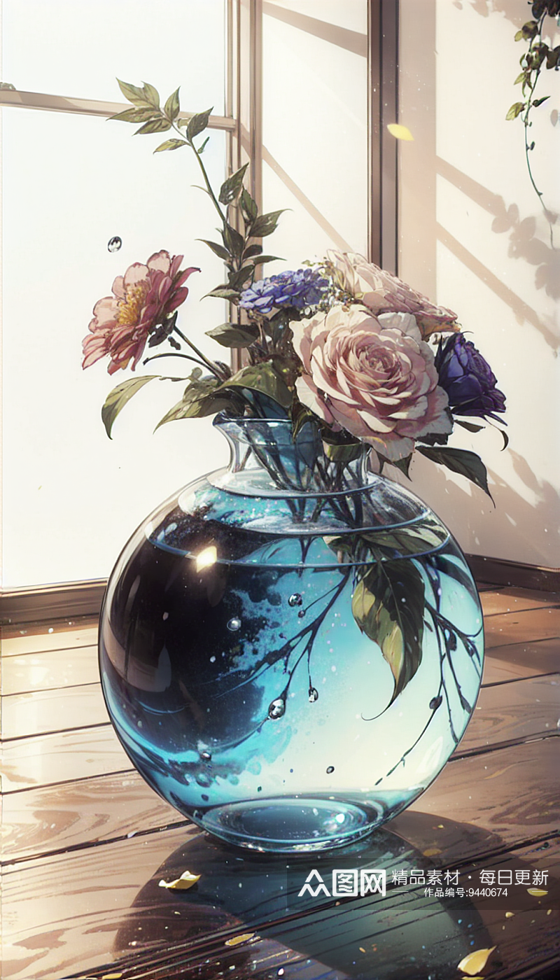 AI数字艺术玻璃花瓶插鲜花插图素材
