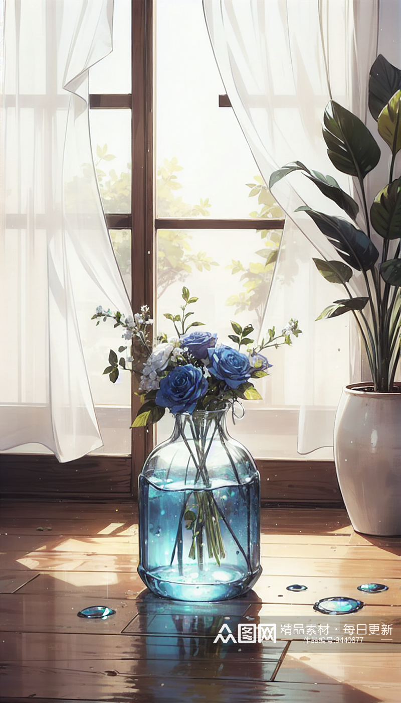 AI数字艺术玻璃花瓶插鲜花插图素材