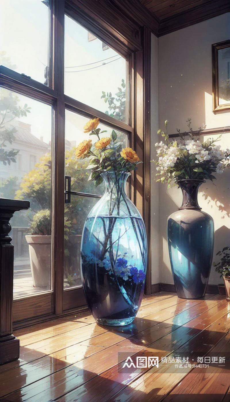 AI数字艺术透明花瓶插鲜花插图素材