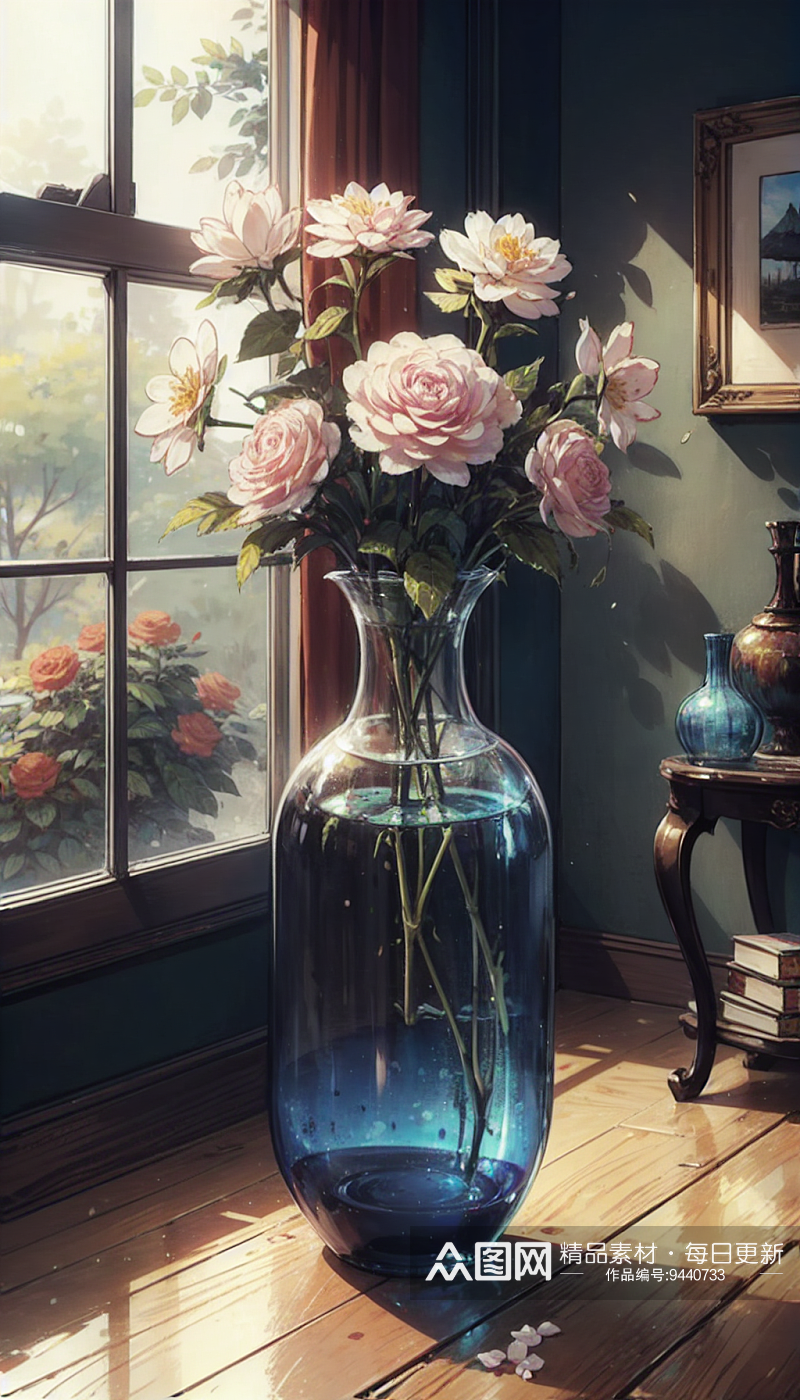 AI数字艺术透明花瓶插鲜花插图素材
