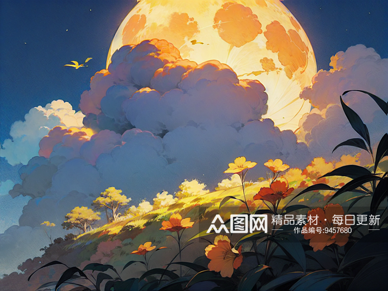 AI数字艺术暖色调月圆中秋节场景插画素材