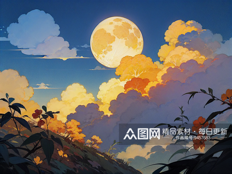 AI数字艺术暖色调月圆中秋节场景插画素材