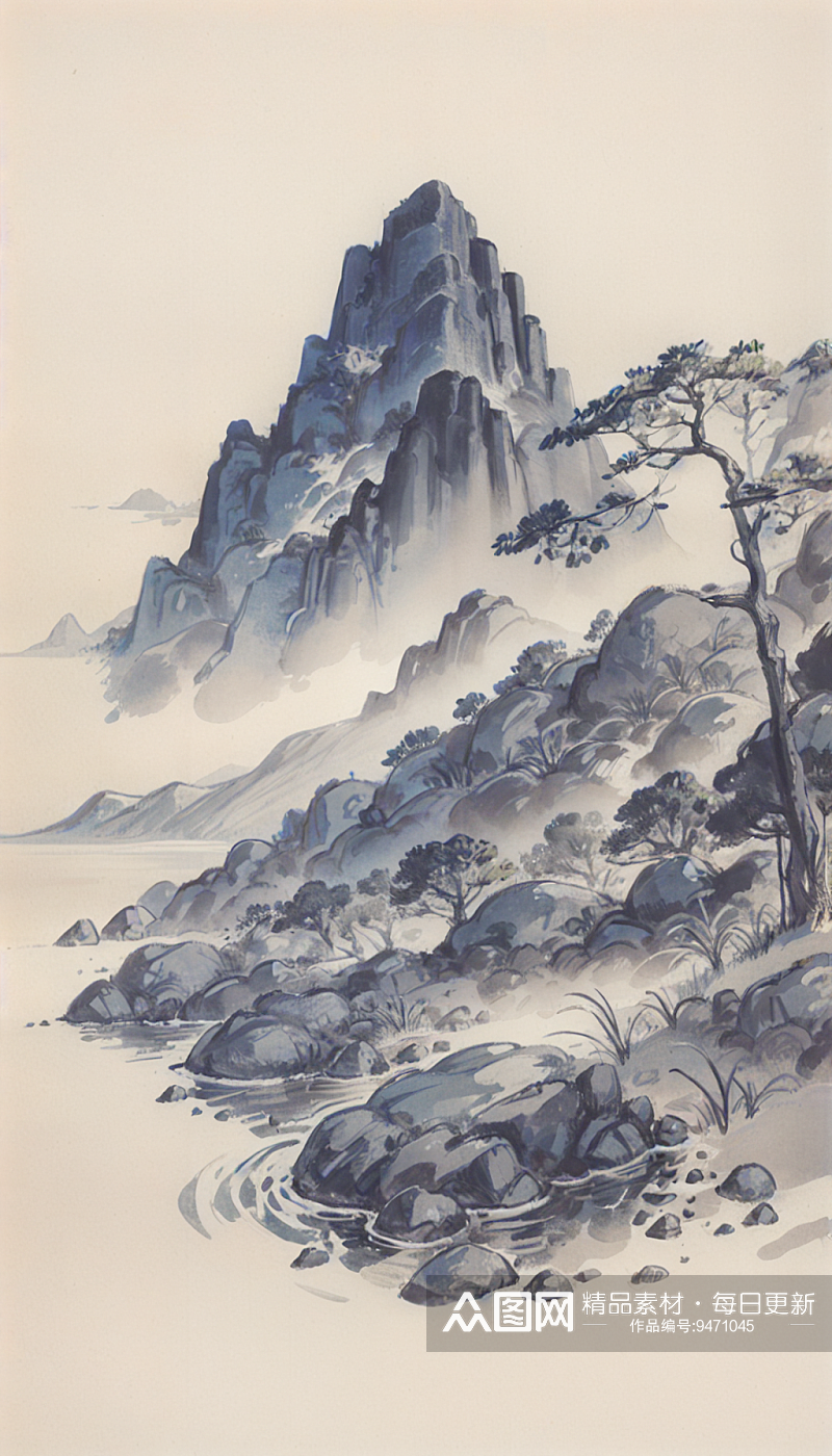 AI数字艺术青山绿树水墨画场景插图素材