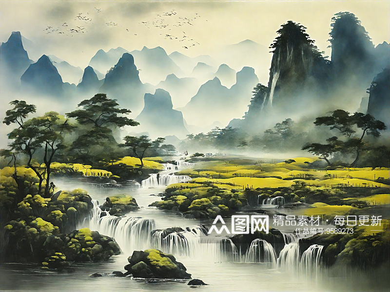 AI数字艺术中国传统山水画水墨画素材