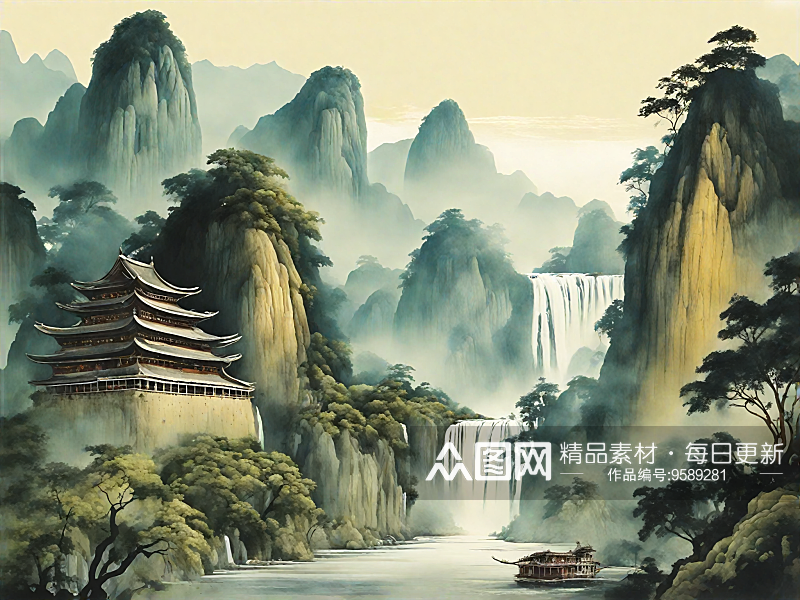 AI数字艺术中国传统山水画水墨画素材