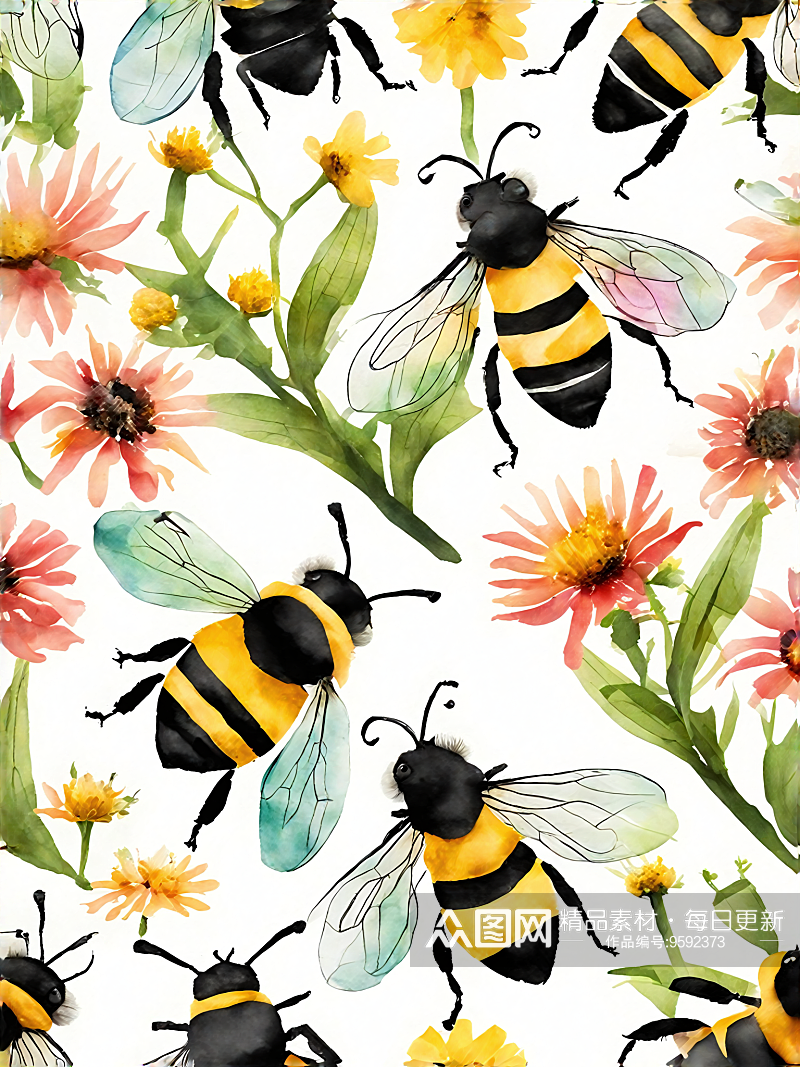 AI数字艺术蜜蜂花朵水彩插画素材