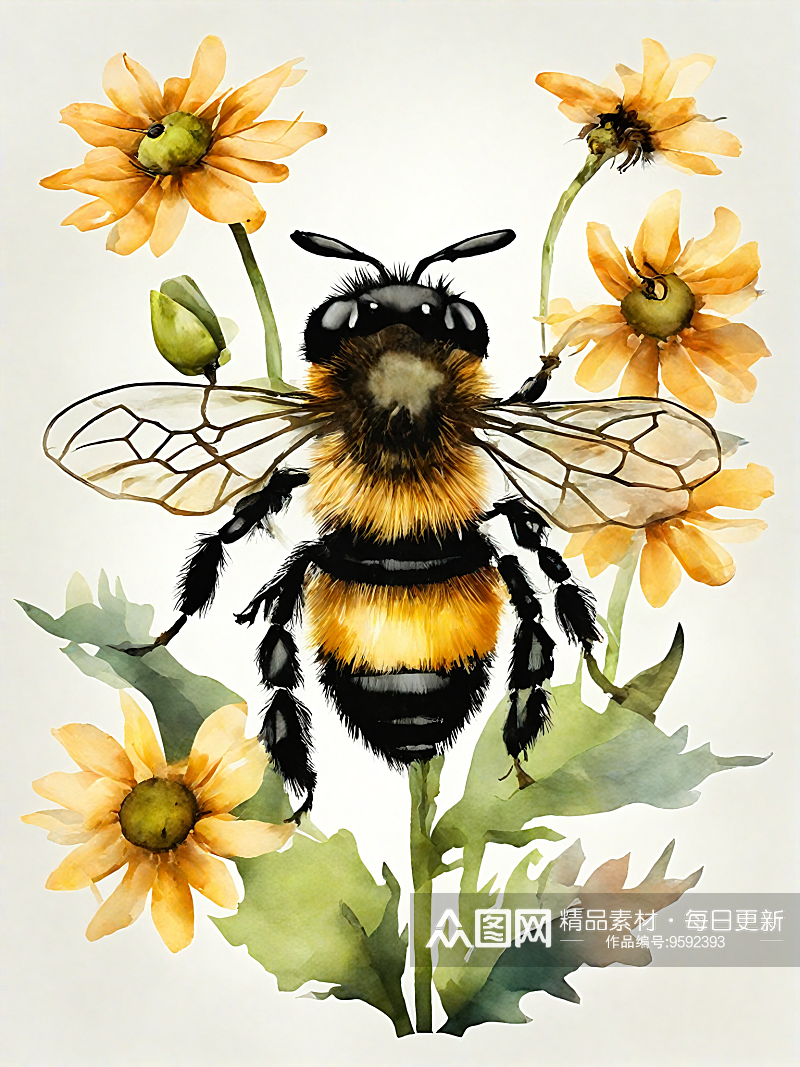 AI数字艺术蜜蜂花朵水彩插画素材