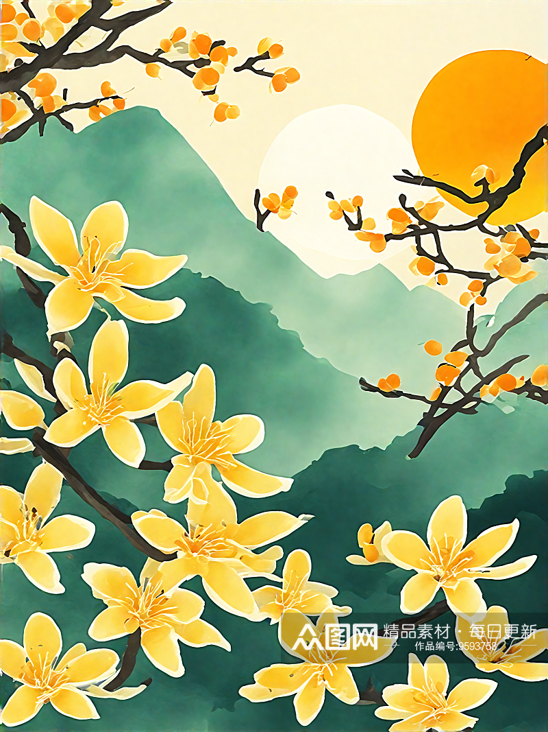 AI数字艺术桂花明月中秋节水彩场景插画素材