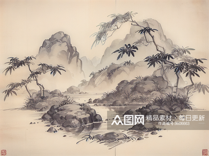 AI数字艺术竹子场景水墨画插图素材