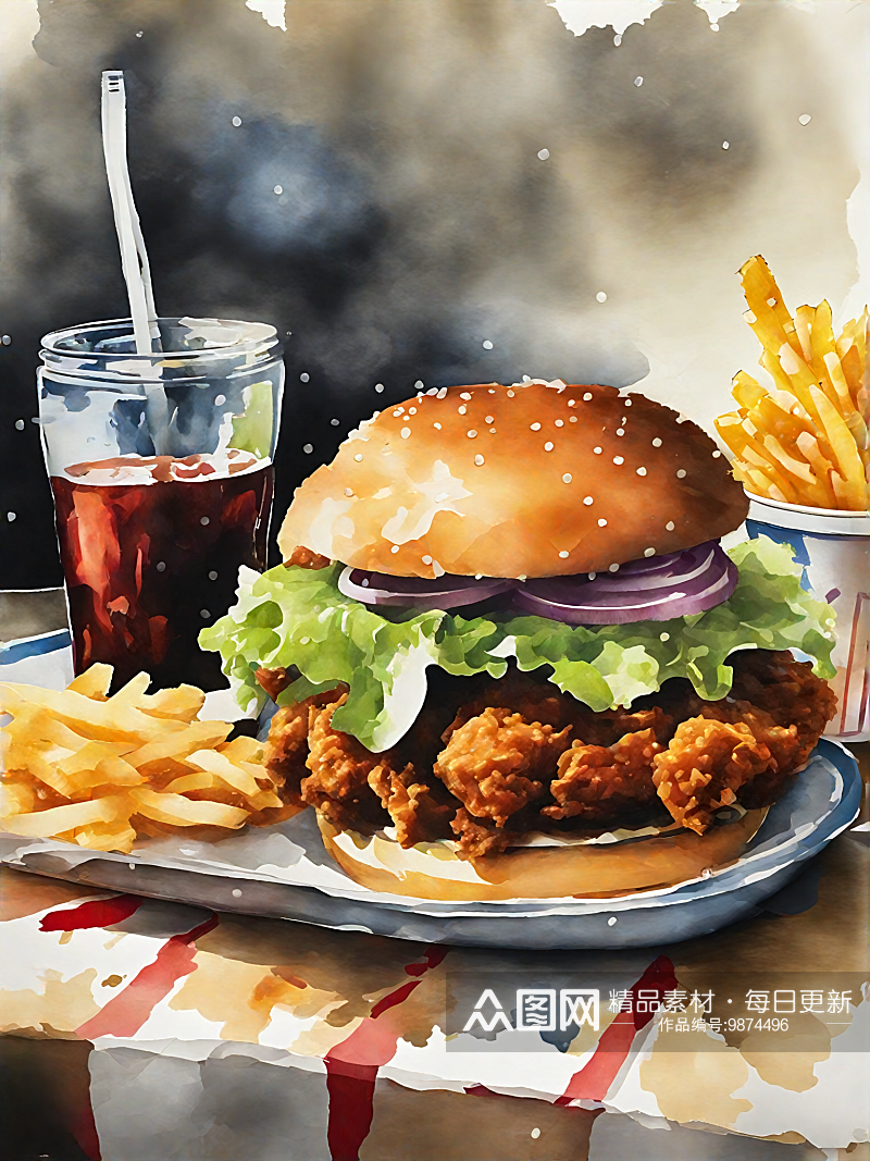 AI数字艺术美食汉堡薯条水彩插画插图素材