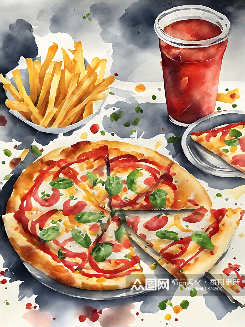 AI数字艺术美食披萨水彩插画插图素材